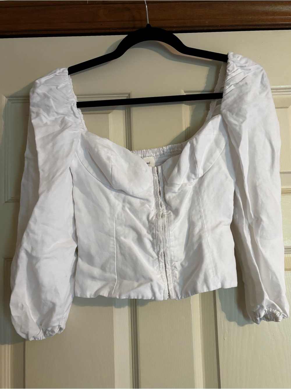 Wilfred Aritzia White Puff Sleeve Corset Crop Top S Sweetheart Linen Lyocell